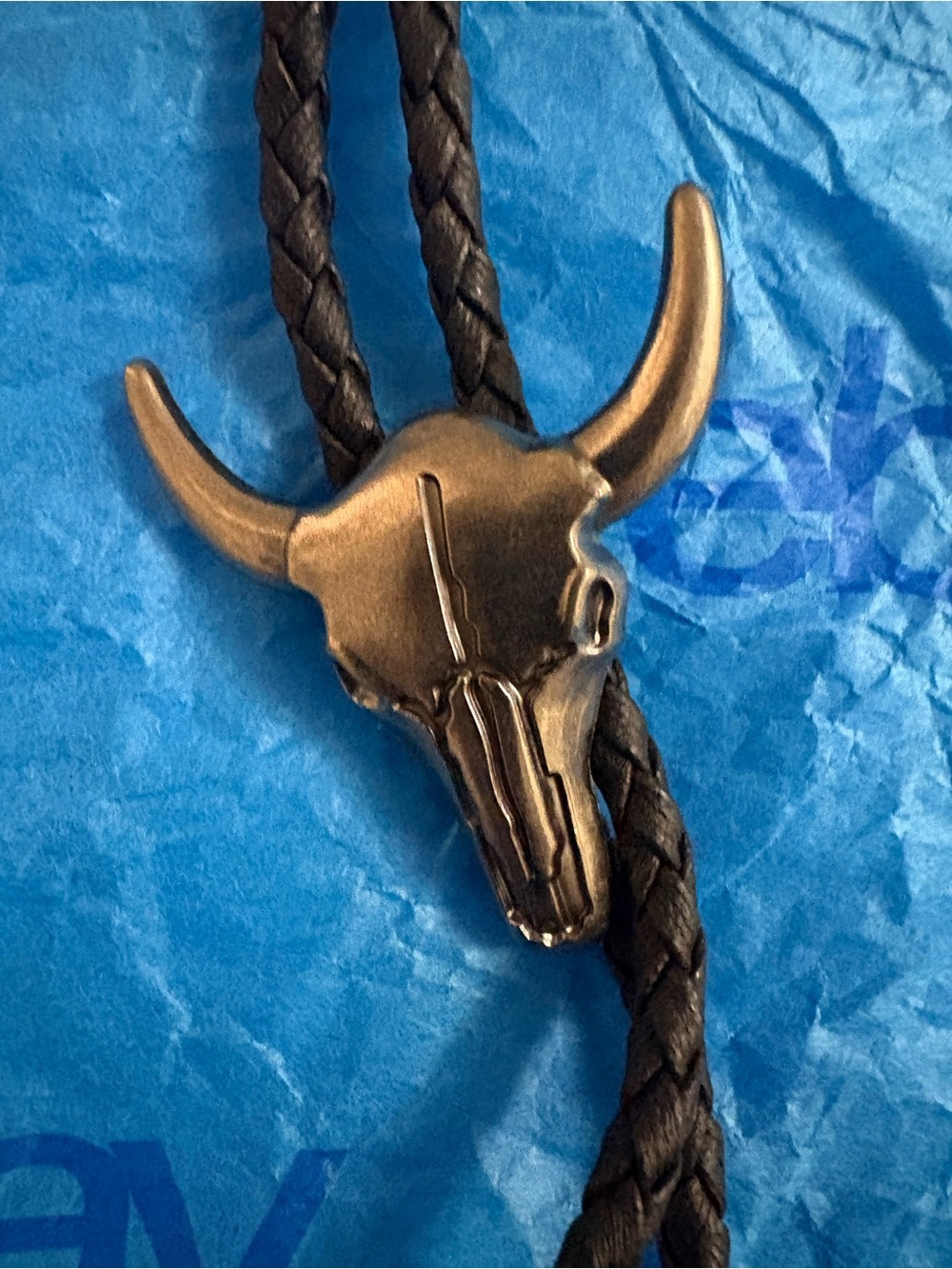 Western Bull Skull Bolo Tie with Bronze-Tone Accent - Black Braided Cord